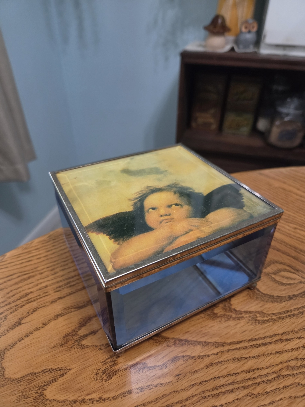 Vintage Brass Beveled Blue Glass Cherub Jewelry Trinket Box Renaissance Art
